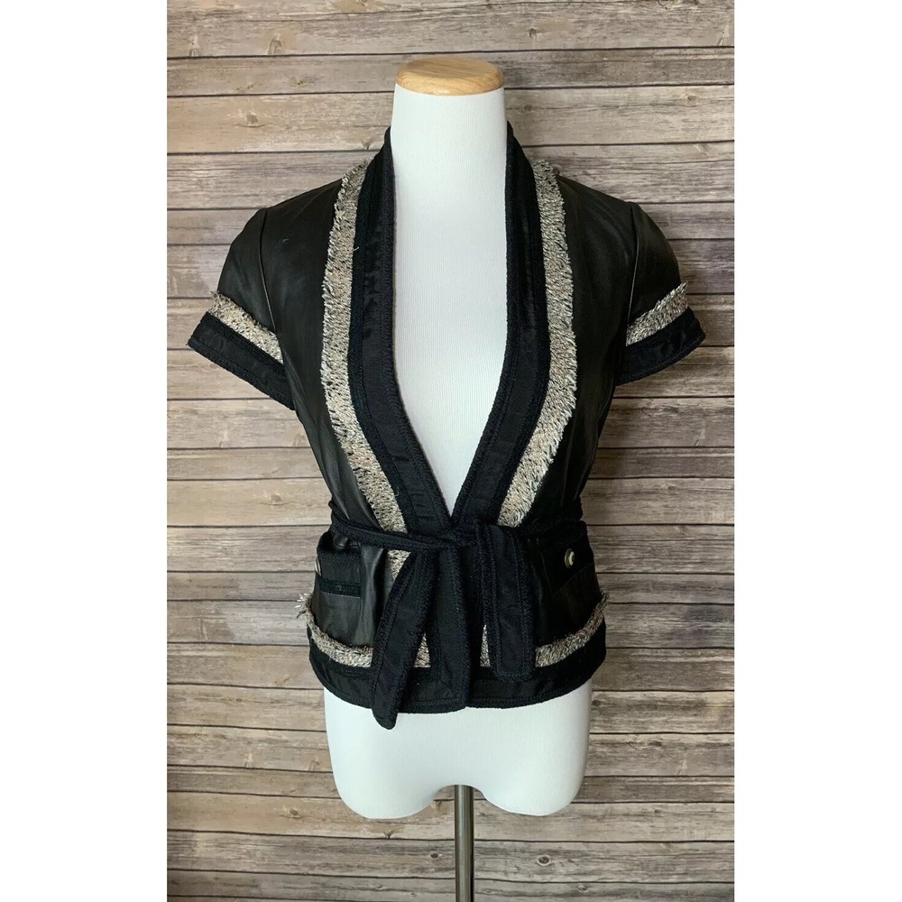 Bcbg Maxazria Soft Leather Short Sleeve Belted Jacket Fringe Open Front XXS $498